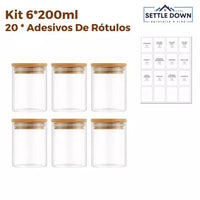 Kit potes de vidro com tampa de bambu herméticos redondos 200ml
