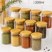 Kit potes de vidro com tampa de bambu herméticos redondos 200ml
