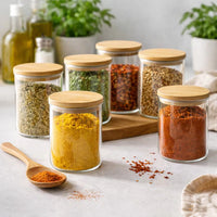 Kit potes de vidro com tampa de bambu herméticos redondos 200ml